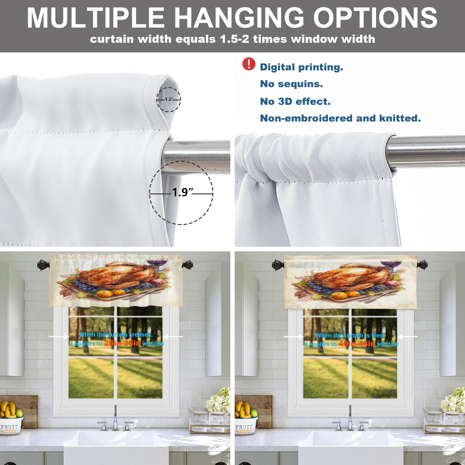 Batmerry Happy Thanksgiving Day Valance Curtains, Turkey Gourmet Food Fruit Wine Window Treatment Kitchen Valances Multilayer Polyester Blackout for Living Room/Bathroom, 2 Pack 52x16 inches