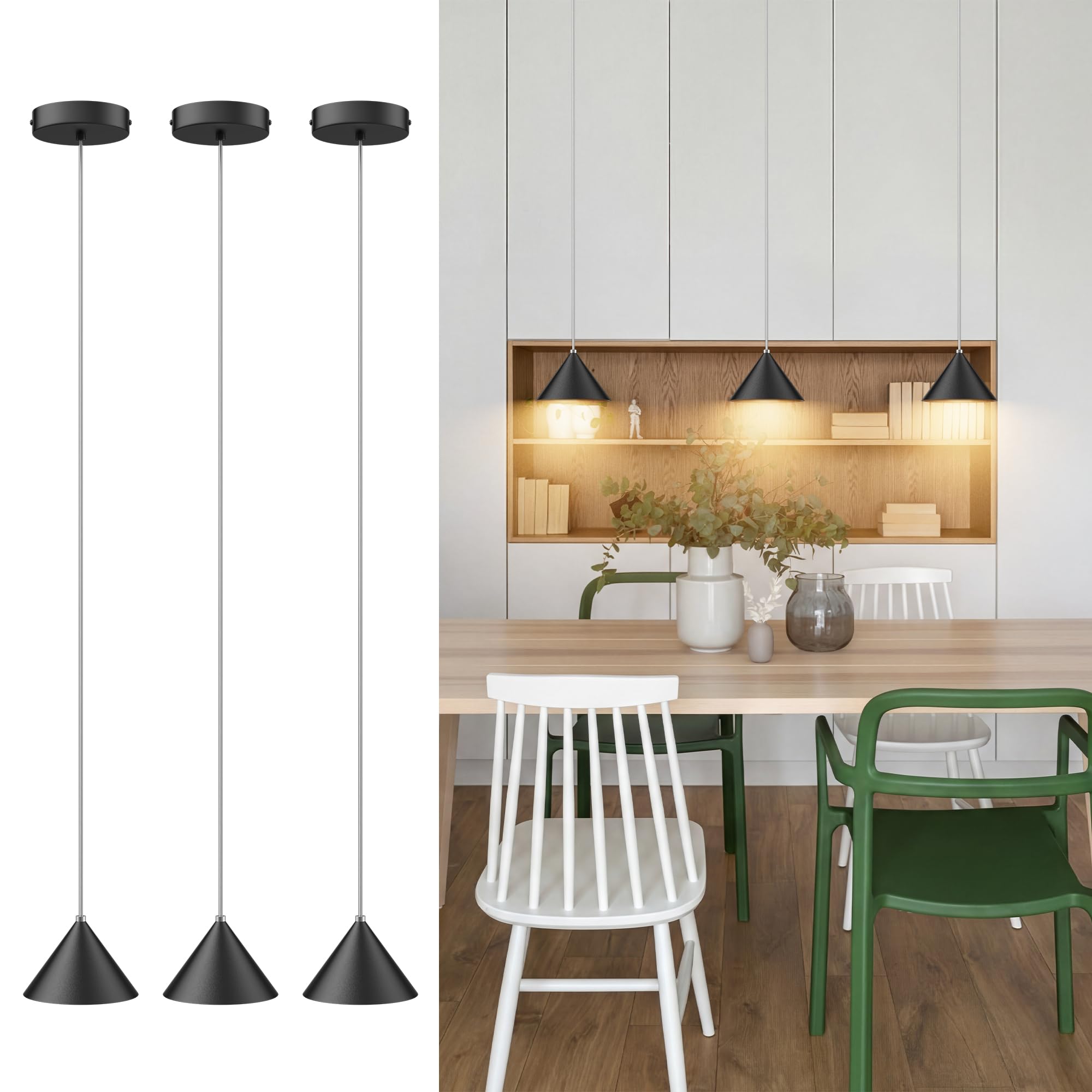 3 Pezzi Lampada a sospensione LED Moderne 12W 800LM, Regolabile In Altezza lampada a sospensione moderna Nero, Alluminio Per Soggiorno Sala Da Pranzo Kitchen Comodino Camera da Letto(3000K)