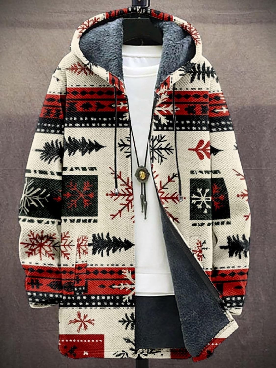 2025 Men's Ethnic Pattern Hooded Jacket Long Cardigan Hoodies Full Zip Vintage Knitted Zipper Coat with Pocket - Image 3