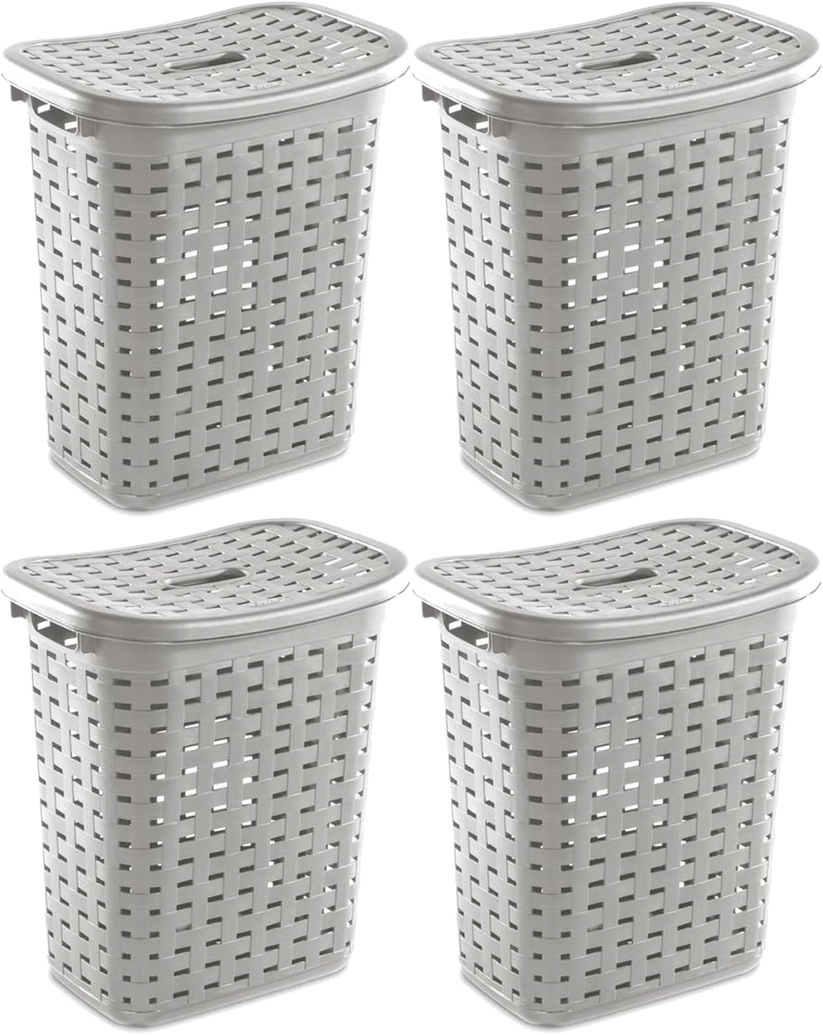Sterilite Plastic Wicker Style Weave Laundry Hamper, Portable Slim Clothes Storage Basket Bin with Lid and Handles, Cement Gray, 4-Pack