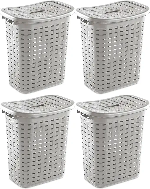 Sterilite Laundry Basket: 4-Pack Plastic Wicker Weave Hampers with Lids, Cement Gray