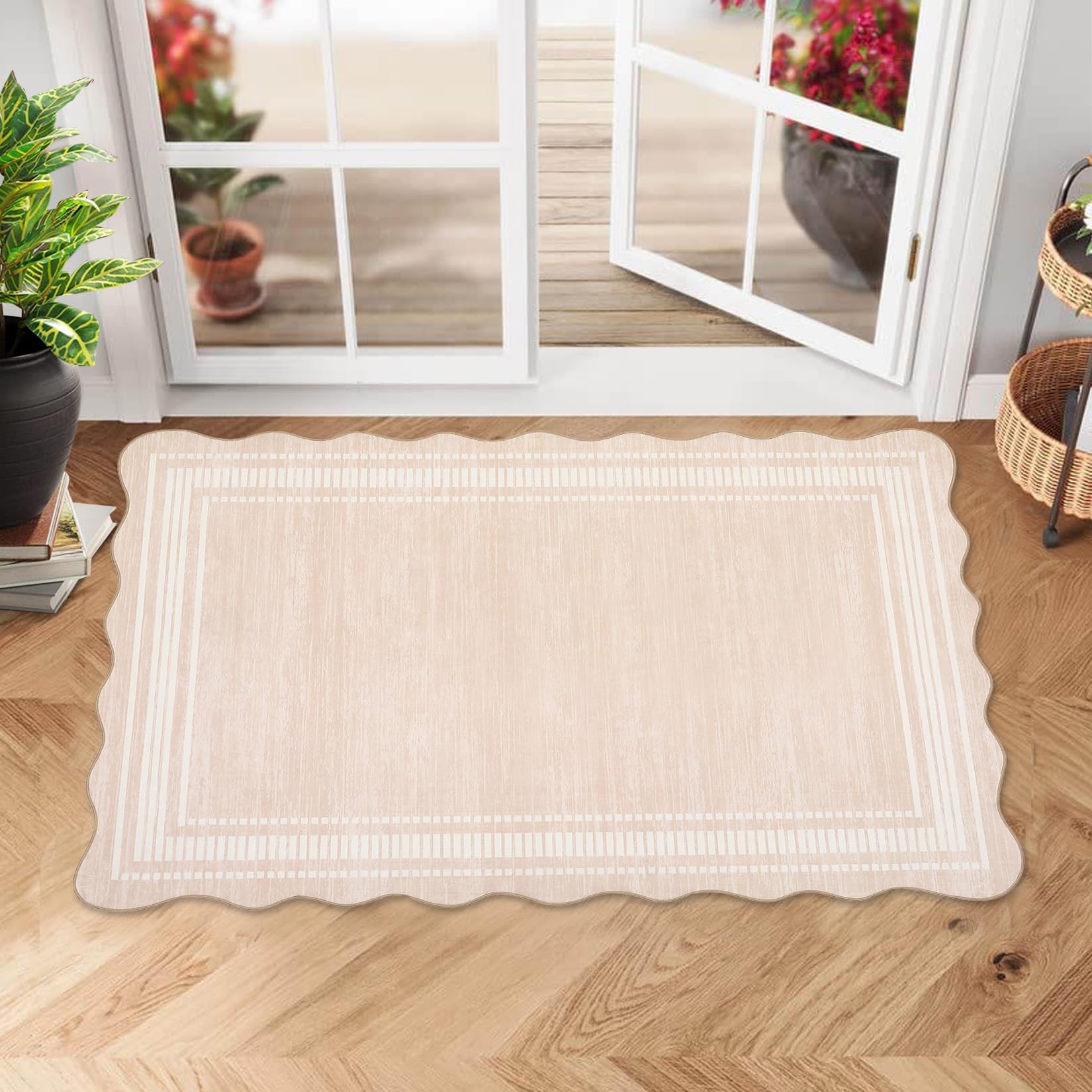 FairyStyle Door Mat Indoor Rugs for Entryway Scalloped Solid Printing Small Rug 60x100cm Washable Non-Slip Modern Soft Low-Pile Carpet for Bedroom Kitchen Entrance Taupe