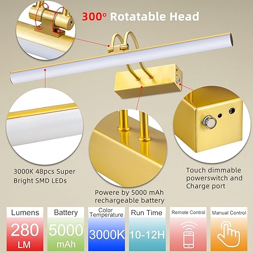 Miniatura 5 de Luz de imagen a pilas con control remoto, luces de imagen inalámbricas para pinturas con temporizador y regulable, luz artística de 16 pulgadas para