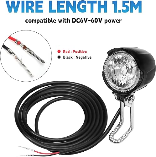 Miniatura 3 de Faro eléctrico para bicicleta, DC 6V-60V, brillo de 30 lux, luz delantera Ebike 2 pines con cable de 4.9 ft