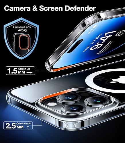 Miniatura 7 de TORRAS Funda magnética transparente de diamante diseñada para iPhone 14 Pro, protección de grado militar de 10 pies, no se pone amarilleo,