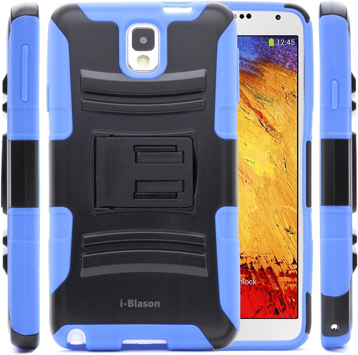 i-Blason Samsung Galaxy Note 3 Note III N9000 Prime Series Dual Layer Holster Case with Kickstand and Locking Belt Swivel Clip (Blue)