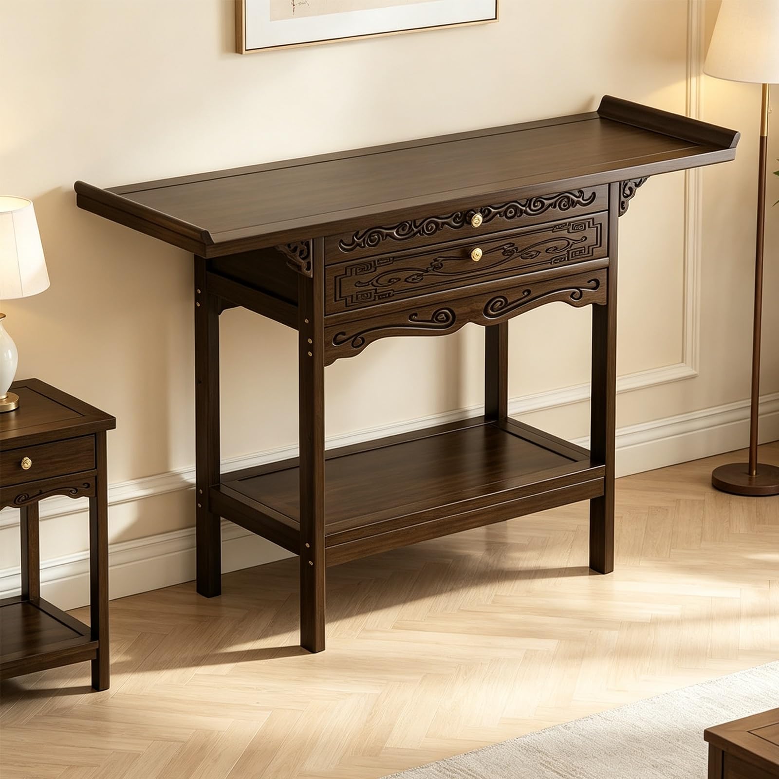Holz Altarschrank mit Schublade und Ausziehablage | Standdesign mit Schnitzoptik für Wohnzimmer, Schlafzimmer und Arbeitszimmer(A,39.37*47.24*12.99 in)