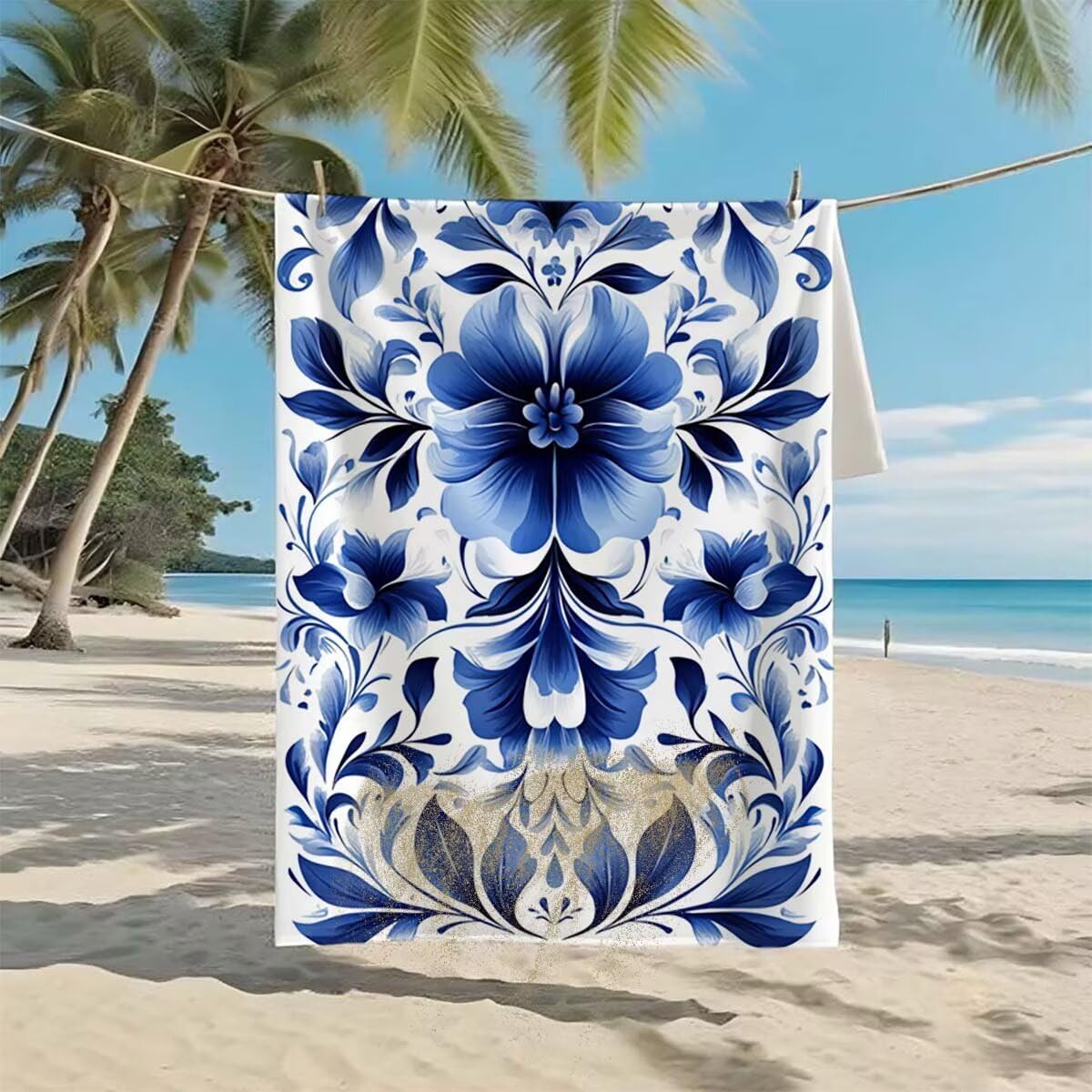 Telo Mare XXL 220x100cm/35x70cm, 2 Set Telo Mare Microfibra Fiore Asciugamano Palestra Uomo, Antisabbia, Leggero, Asciugatura Rapida, Teli da Spiaggia Grandi Accessori per Camping Natation Yoga E-31