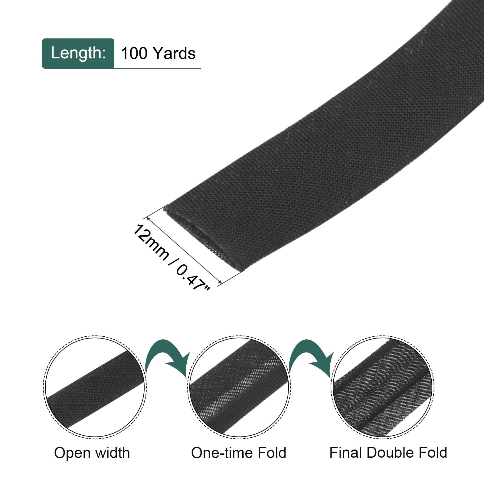 sourcing map Schrägband, 1,27 cm, doppelt gefaltet, Polyester, durchgehendes Bulk-Schrägband zum Nähen, Nähen, Quilten, Säumen, Binden, Basteln (schwarz, 91,4 m)