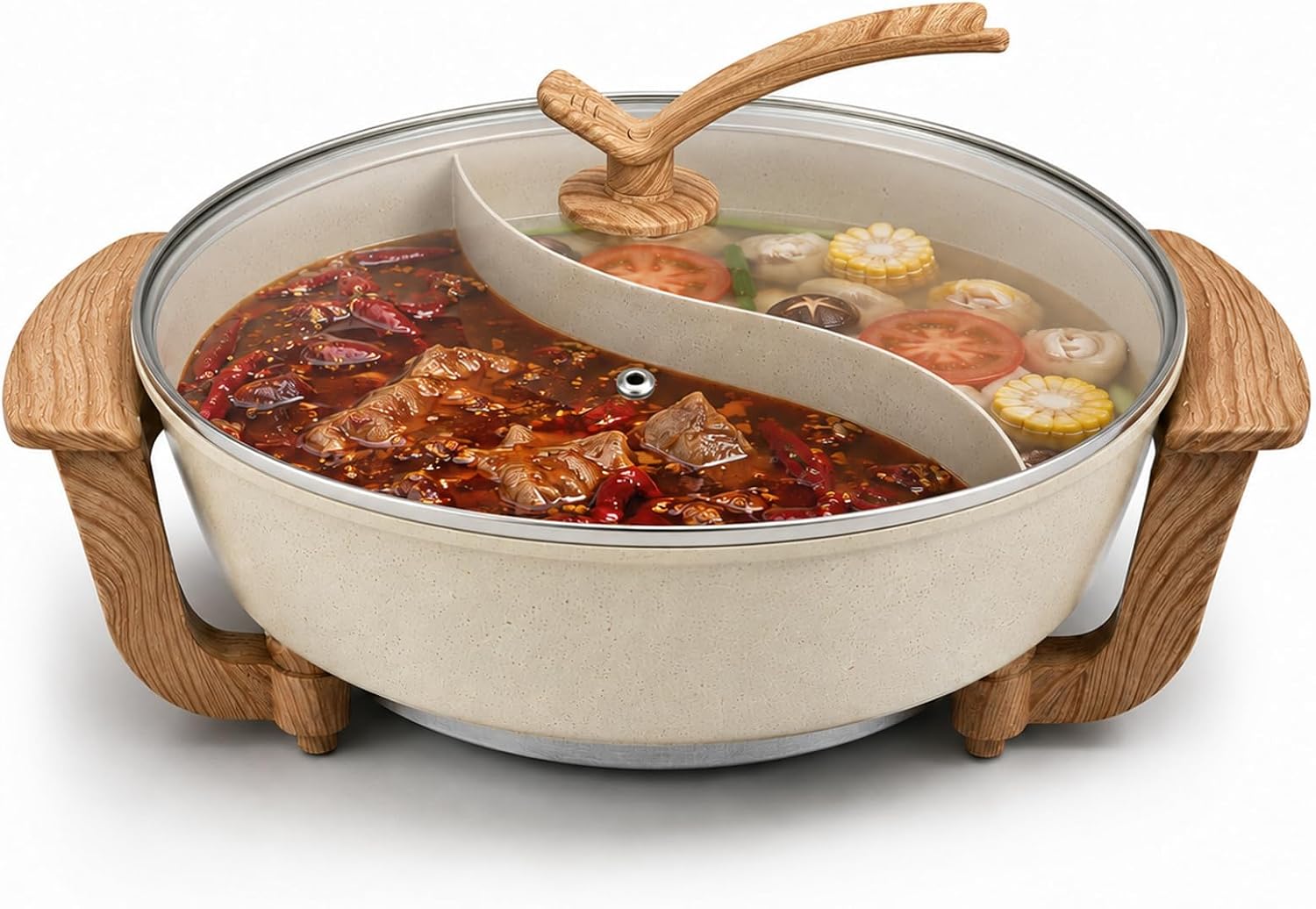 6L Electric Hot Pot with Divider, 1300W, White, Wood-Grain Handles