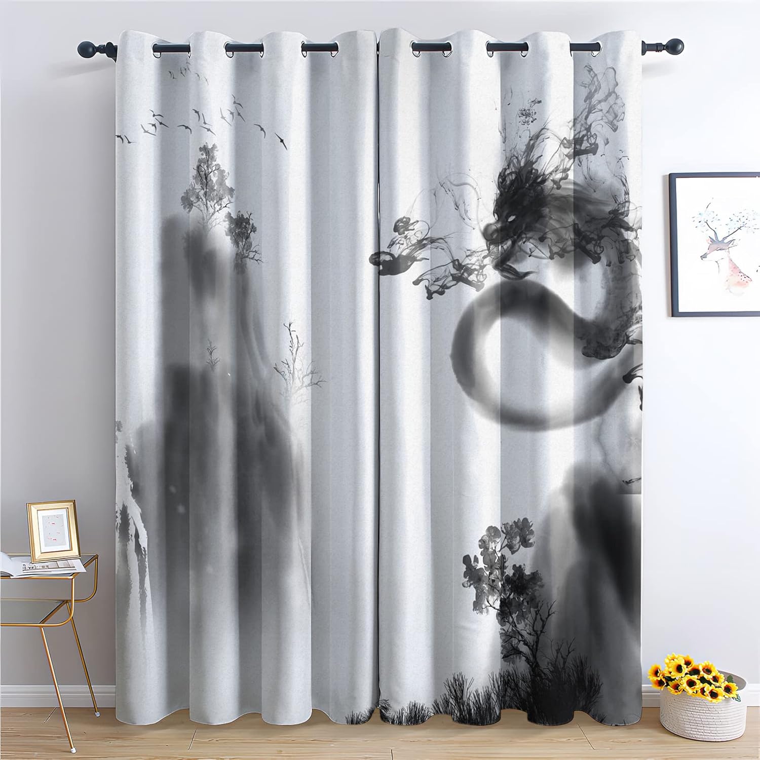 Wanjv Ink Dragon Blackout Curtains for Bedroom Living Room