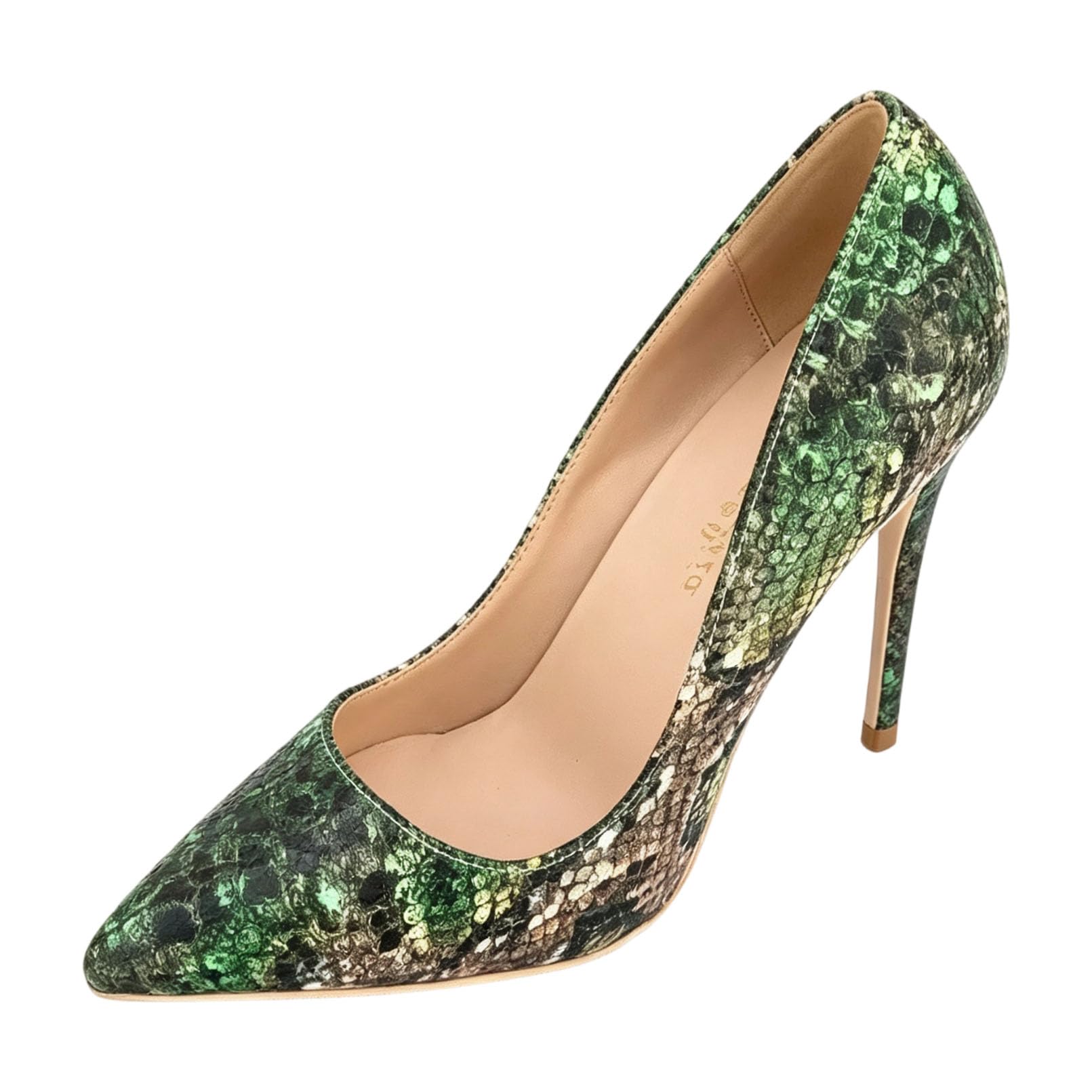 Generico Décolleté Donna a Punta, Tacco Stiletto Verde Effetto Rettile