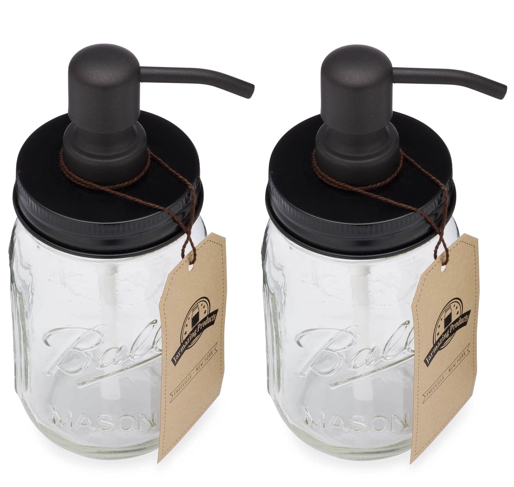 Jarmazing Products Mason Jar Soap Dispenser - Black - with 16 Ounce Ball Mason Jar - Made from Rust Proof Stainless Steel - Two Pack