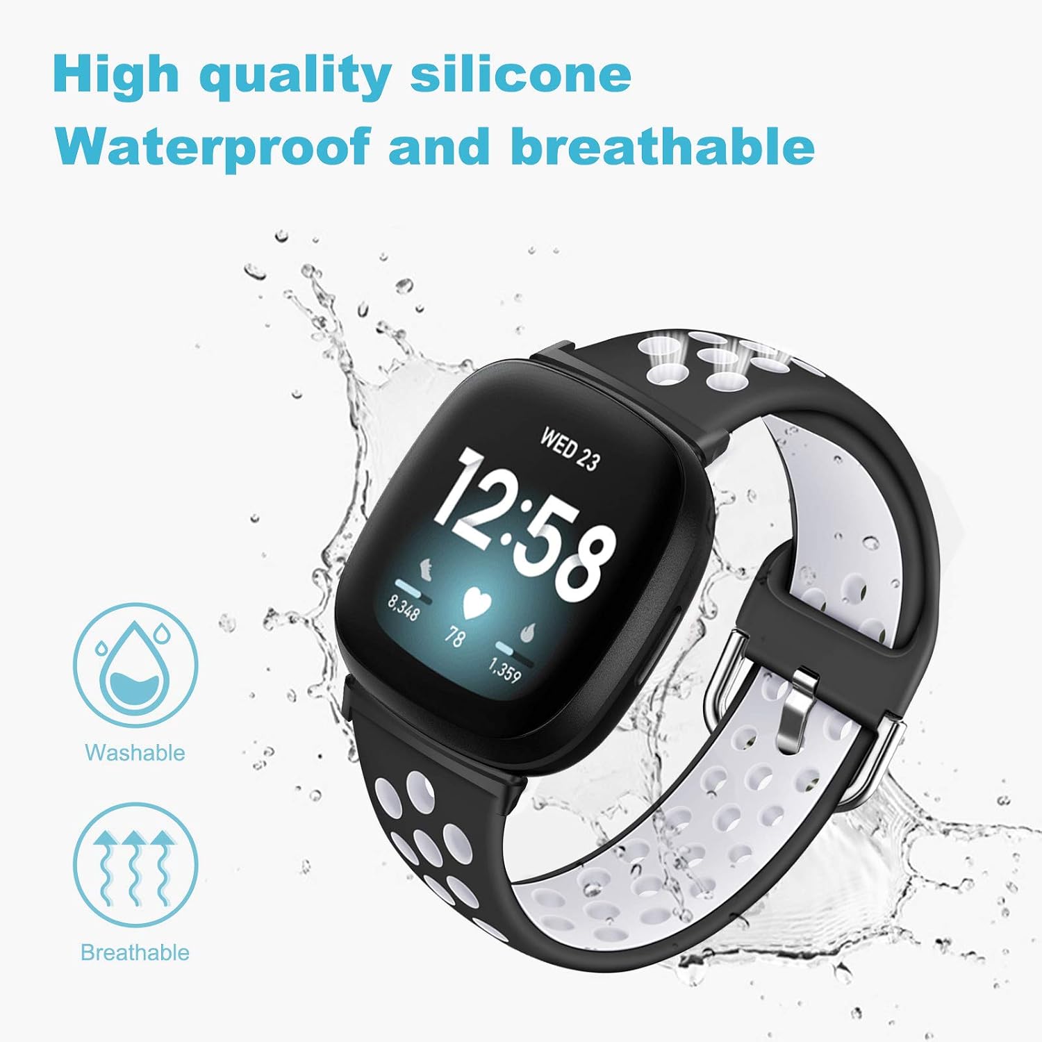 XIMU Sport Bands Compatible with Fitbit Versa 3 & Sense, Soft Silicone Waterproof Breathable Sport Watch Strap Replacement Wristband Accessories Women Man for Versa 3 Smart Watch