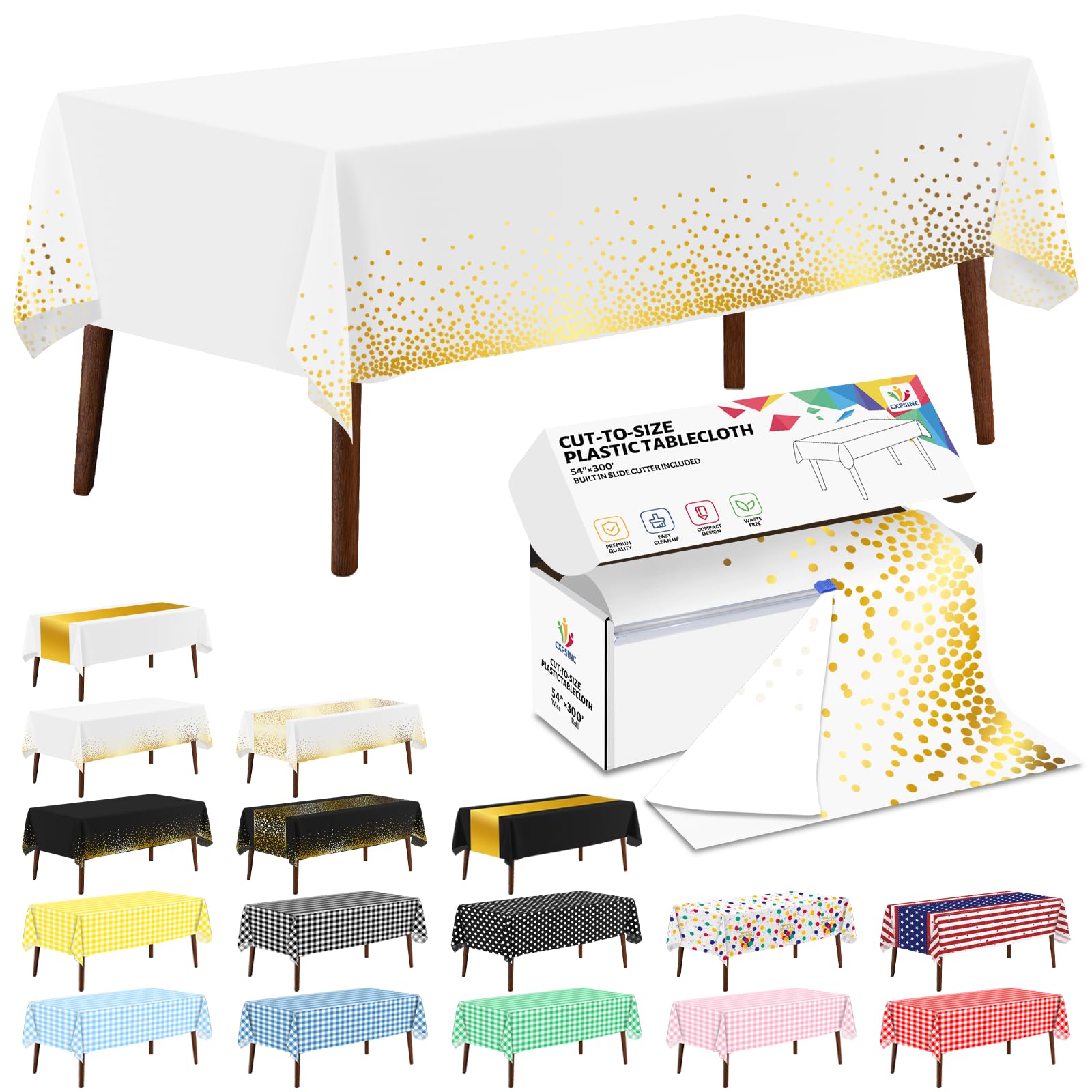 CXPSINC 54 Inch X 300 Feet Plastic Table Cover Roll Disposable Tablecloth with Slide Cutter for All Type/Shape Tables | Party, Banquet, Birthdays, Weddings(White & Gold Dot, 300 Feet)