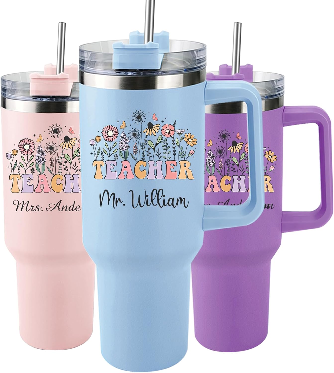 Personalized Teacher Appreciation Gifts, Custom 40 oz Tumbler with Handle and Straw, Customized Insulates Cup, Back to School Teacher Gifts