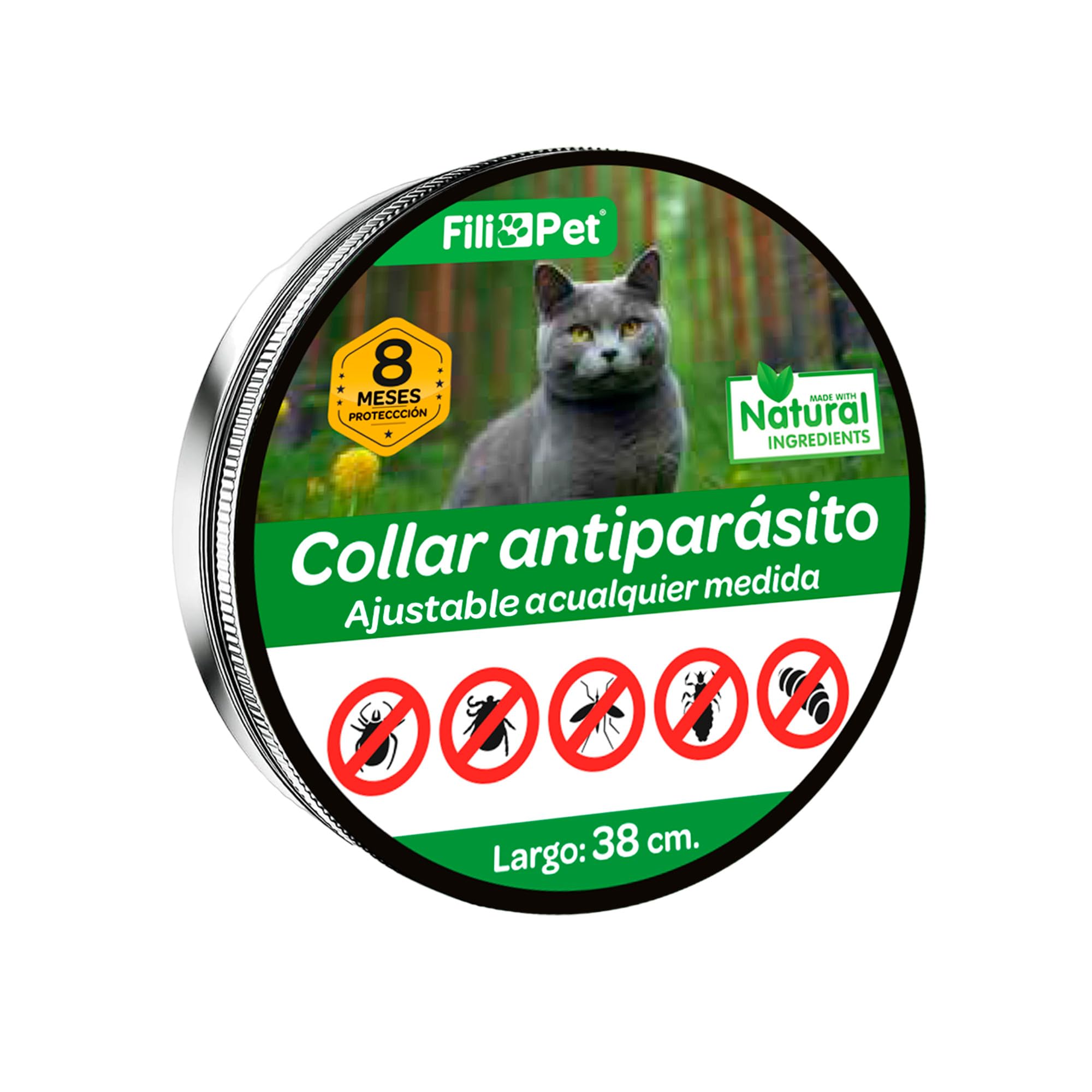 Collar Antiparasitos para Gato 8 Meses de Protección. Eficaz contra Pulgas, Garrapatas, Mosquitos y Piojos. Resistente al Agua. 70 cm. de Largo, Ajustable. FILIPET. (Gris)