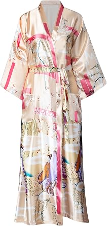 VintageClothing Womens Plus Size Satin Kimono Robes Long Floral Silky Loungewear Patterned Sleepwear Dressing Gown