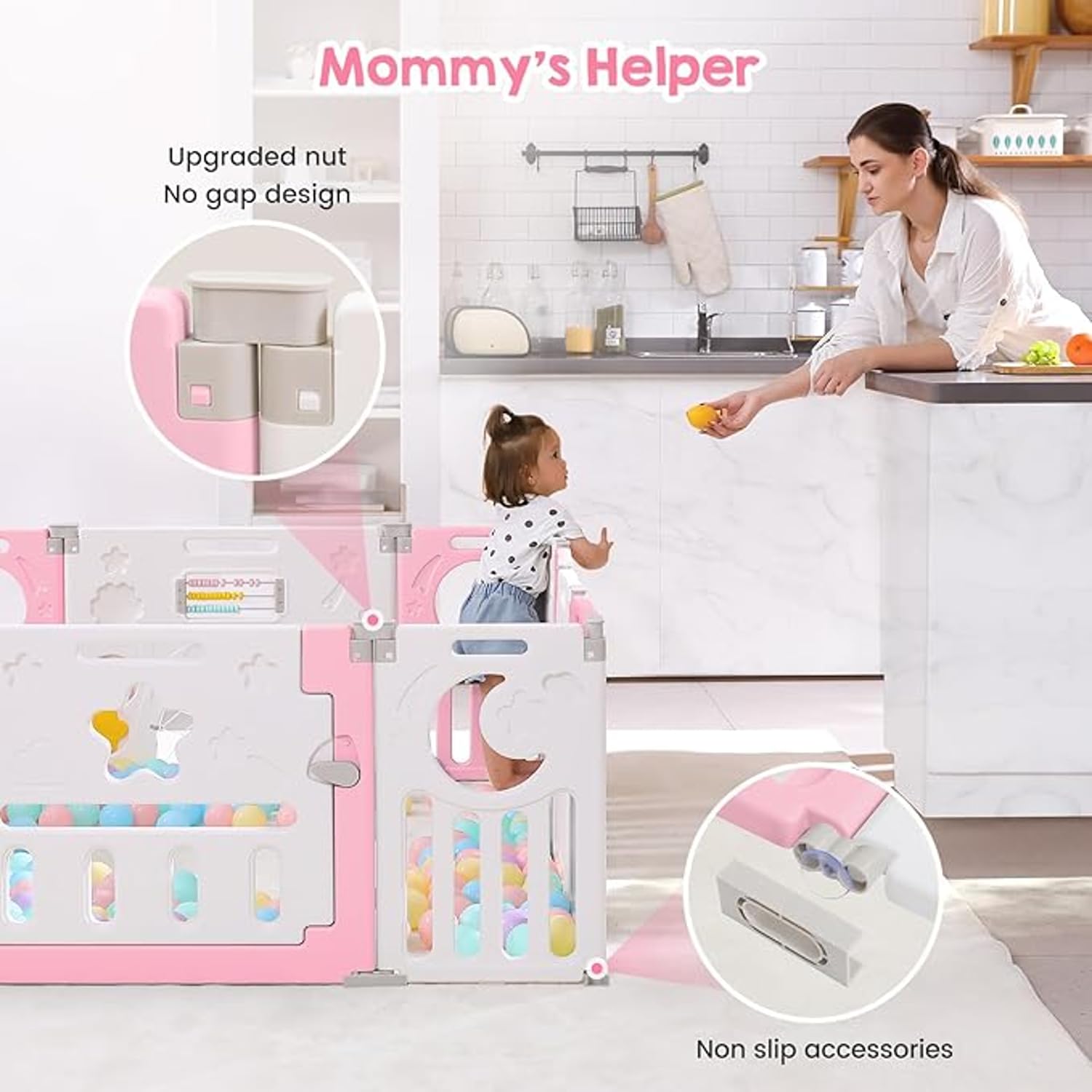 Careopeta 18 Panel Playpen for babies upto 5 Year Baby Play Area Indoor Setup with Mat and Balls Gate Activity Play Yard for Kids Indoor Toddler Baby Play Yard at Home Play Fence for Kids Playing Yard for Babies Children Play Area (6 * 6=36 sqft, Pink with White) - Image 6 thumbnail
