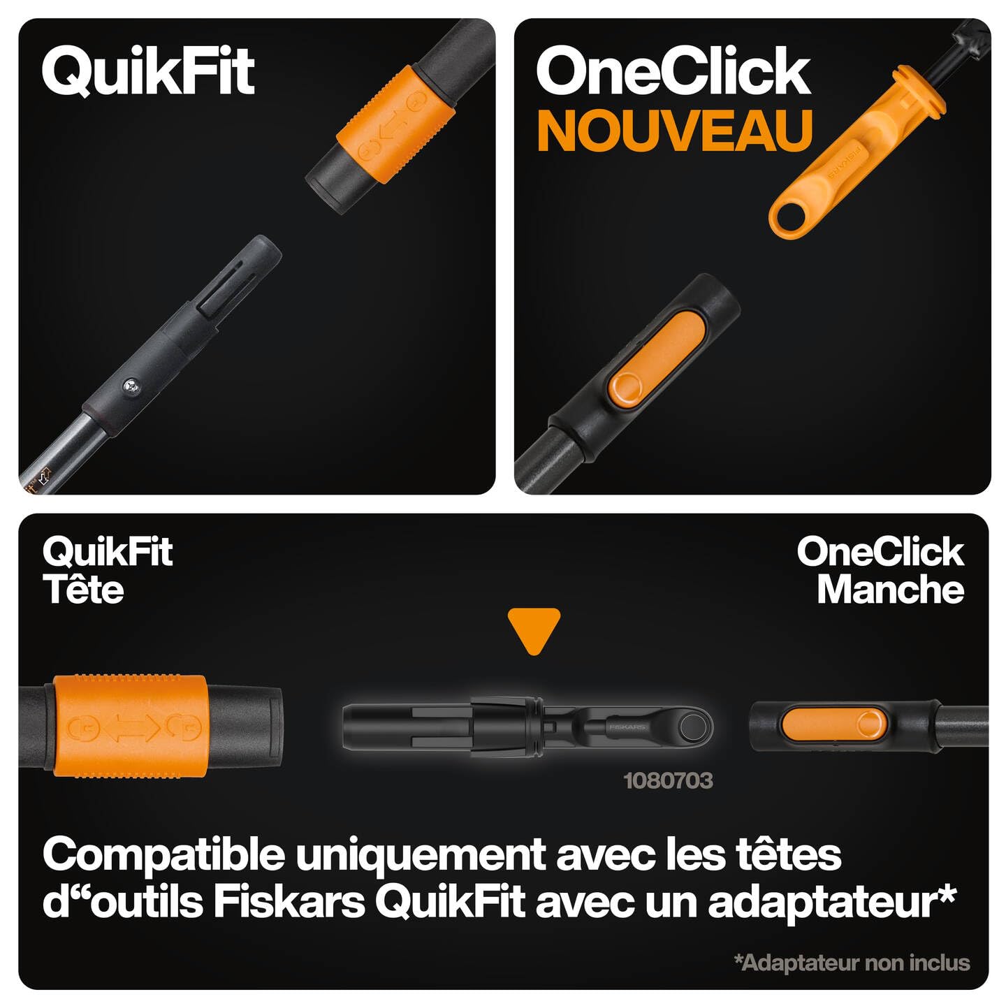 Fiskars OneClick Manche Télescopique M, Longueur Réglable de 119 à 179 cm, Changement Facile en Un Clic, Adaptateur QuikFit Vendu Séparément, Poignée SoftGrip, Aluminium, Noir/Orange, 1080671