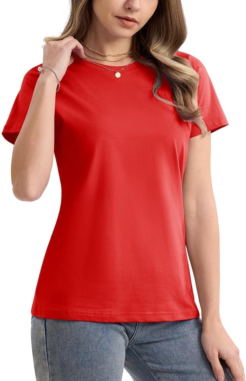 SMENG Women's Cotton Crewneck T-Shirts Short Sleeve Basic Solid Color Tee Classic-Fit Shirt Breathable Comfy Summer Top - Image 2