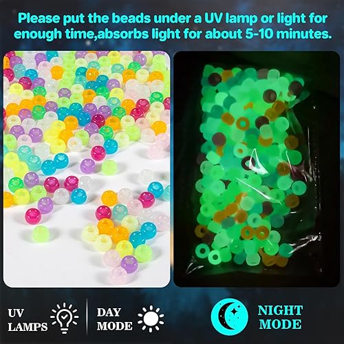 Miniatura 3 de Sukh - Cuentas de pony que brillan en la oscuridad, más de 1000 cuentas que brillan en las pulseras de 0.236 x 0.394 pulgadas (0.236 x 0.354 in)