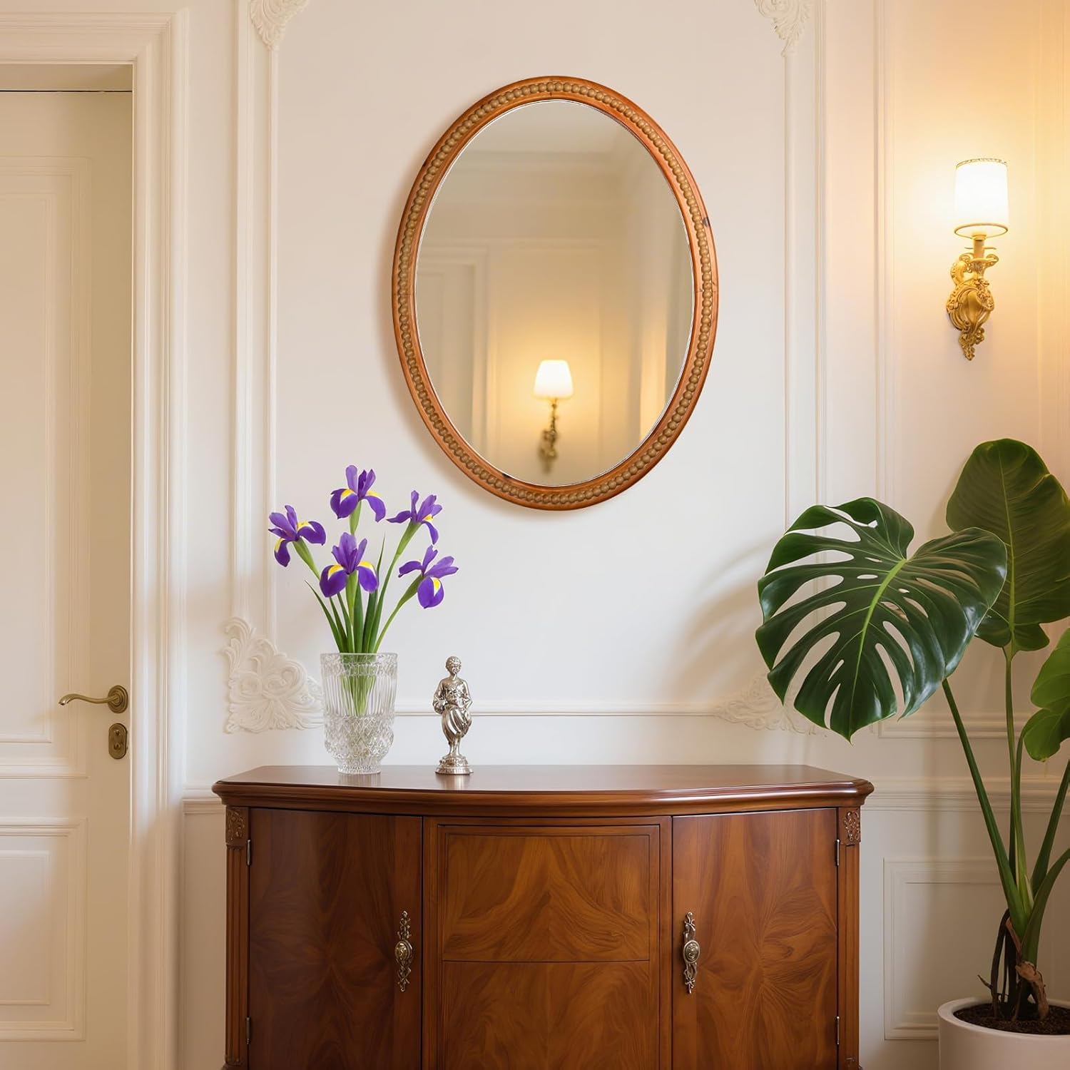 ブラウンオーバルウッドビーズフレームウォールミラー、24 x 32インチ モダンファームハウス 垂直吊り下げミラー バニティ用