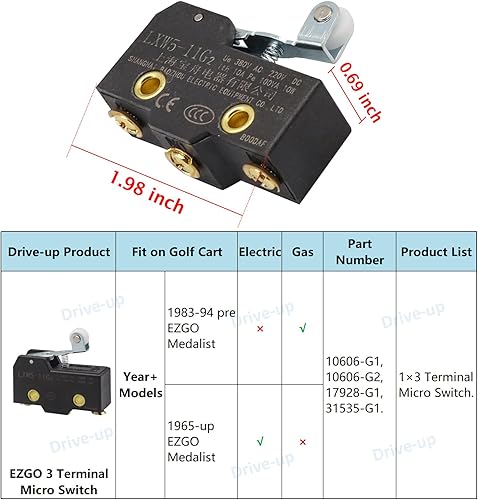 Miniatura 4 de Drive-up 3 Terminales EZGO Micro Interruptor para EZGO TXT Carrito de Golf Maratón Interruptor con Rodillo OEM 10606-G1 10606-G2 17928-G1 31535-G1
