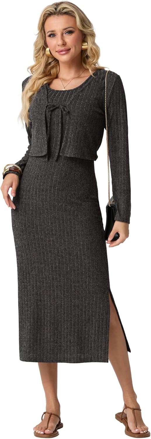 GRECERELLE Women's Fall 2 Piece Sets Long Sleeve Cropped Cardigan Split Crewneck Midi Dress (S-2XL) - Image 6