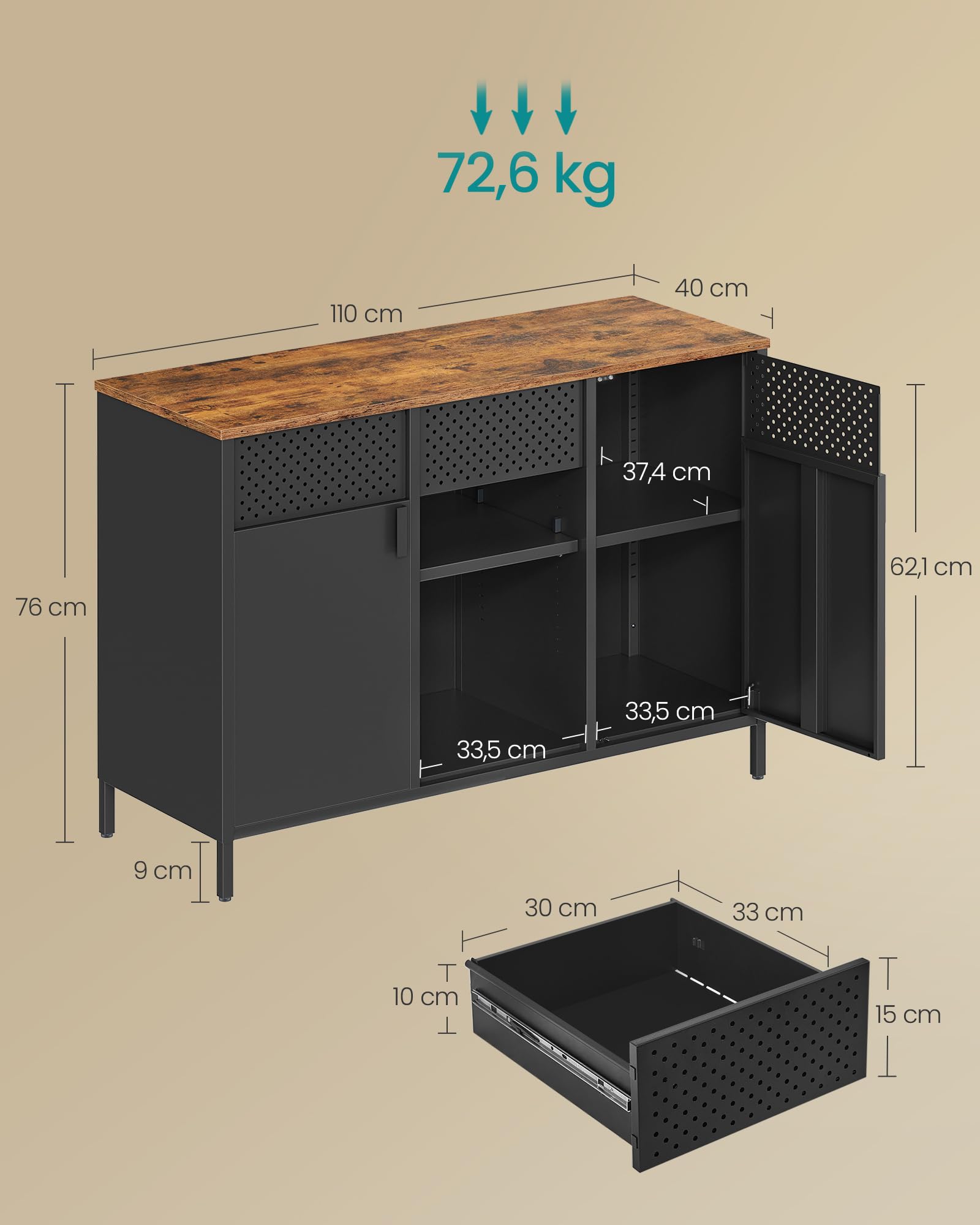 SONGMICS Szafka do przechowywania, metalowa szafa, kredens z podwójnymi drzwiami, zamknięcie magnetyczne, regulowane półki, stalowa rama, rustykalny brąz i matowa czerń LSC204B01