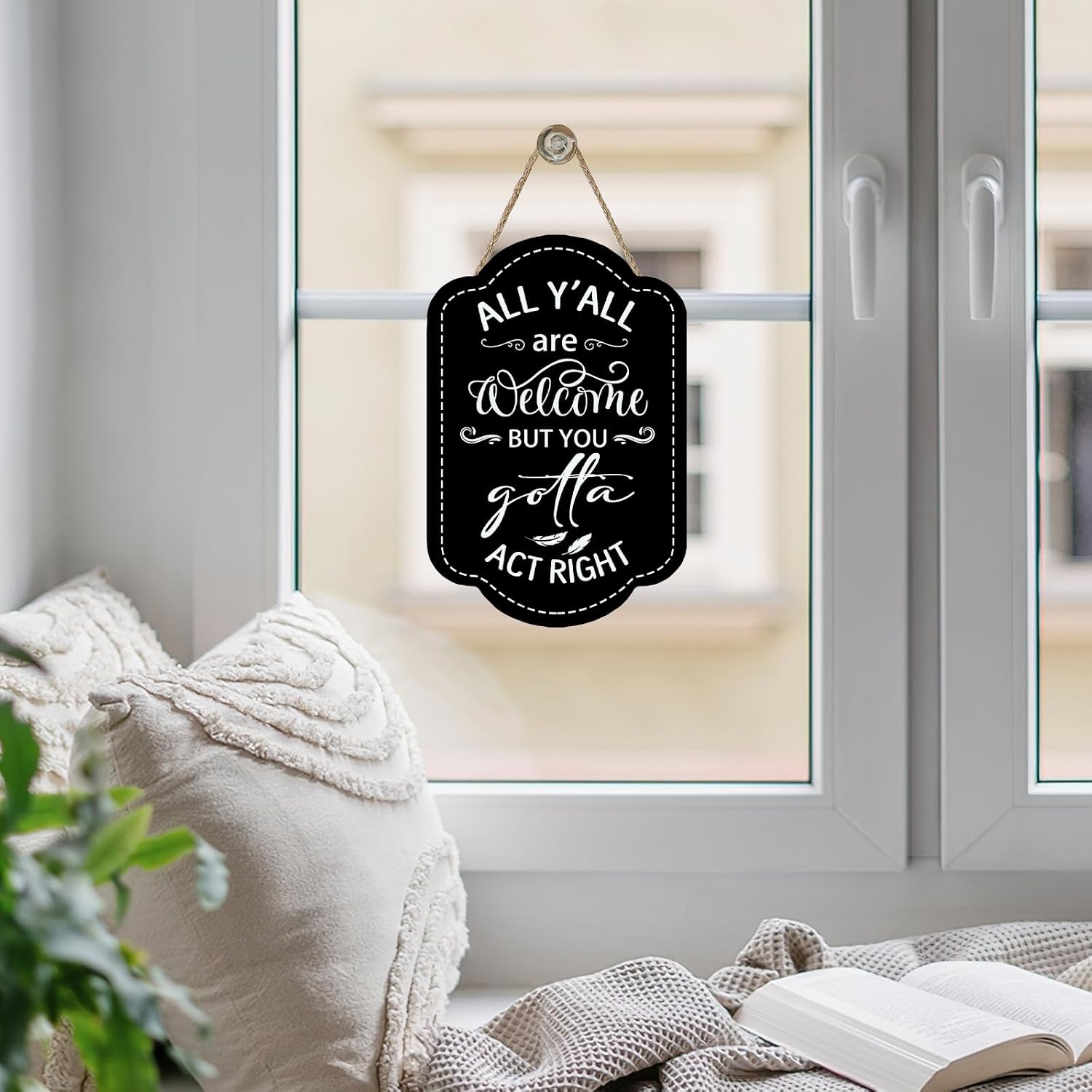 All Y'all Are Welcome But You Gotta Act Right Front Door Sign, Funny Southern Black Wooden Hanger School Classroom Office Home Decor, Humorous Retro Wreath Indoor Wall Hanging Decoration