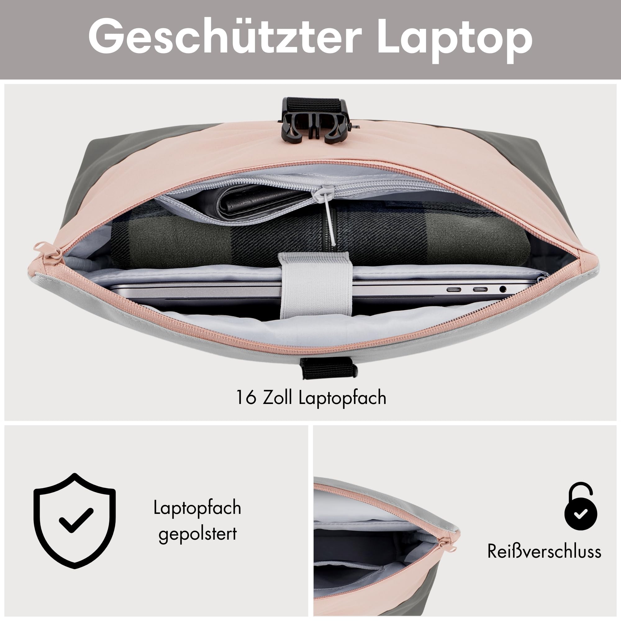 LARKSON Rucksack Damen & Herren Rosa - Tammo - Rolltop Daypack für Arbeit Uni Fahrrad - Backpack mit 16 Zoll Laptop Fach - Rückenpolsterung & Wasserabweisend