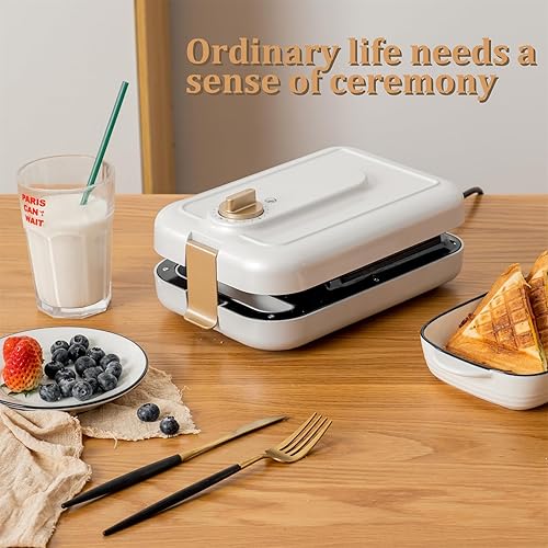 Miniatura 7 de Sandwichera de sincronización blanca 3 en 1 con placas antiadherentes, luces indicadoras y función de bloqueo, prensa eléctrica Panini de 600 W,