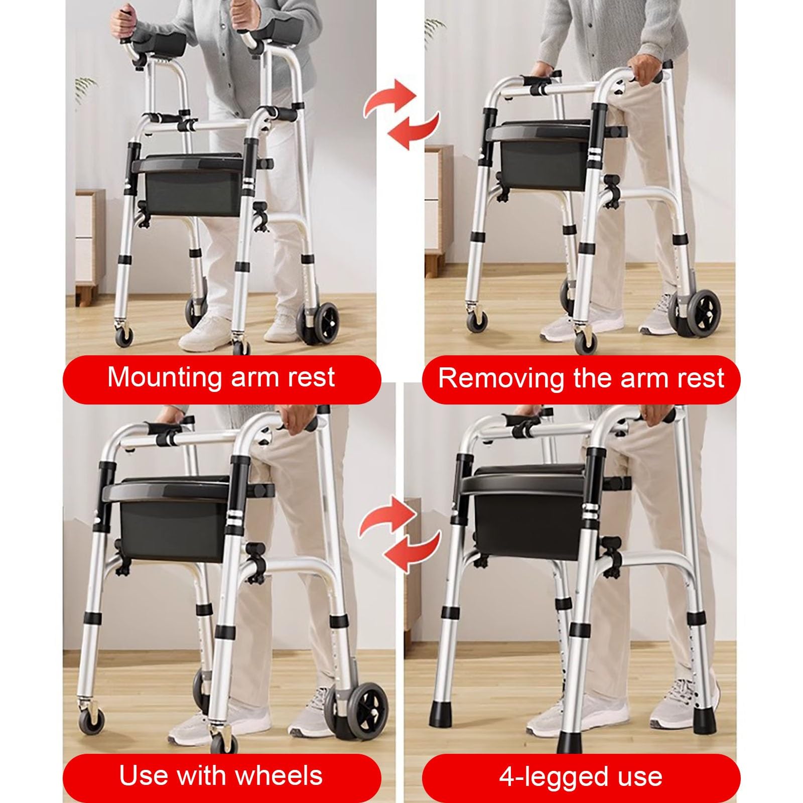 Andador de 4 Ruedas con Asiento y Frenos,Plegable,con Asiento y reposabrazos extraíbles,4 Ruedas,Altura Ajustable,Plegable,Apto for Personas Mayores y Personas con Movilidad Reducida