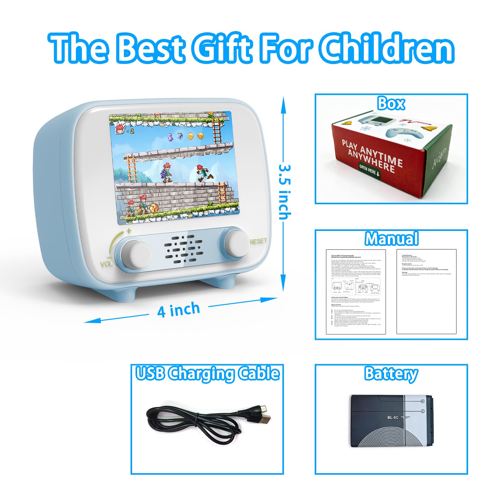 Handheld Game Console, Retro Mini Game Console avec écran 2,8 Pouces, 220 Classic Games intégrés, Jouet de Jeu Portable Rechargeable, sans Wi-FI nécessaire, Cadeau pour garçons et Filles, Bleu