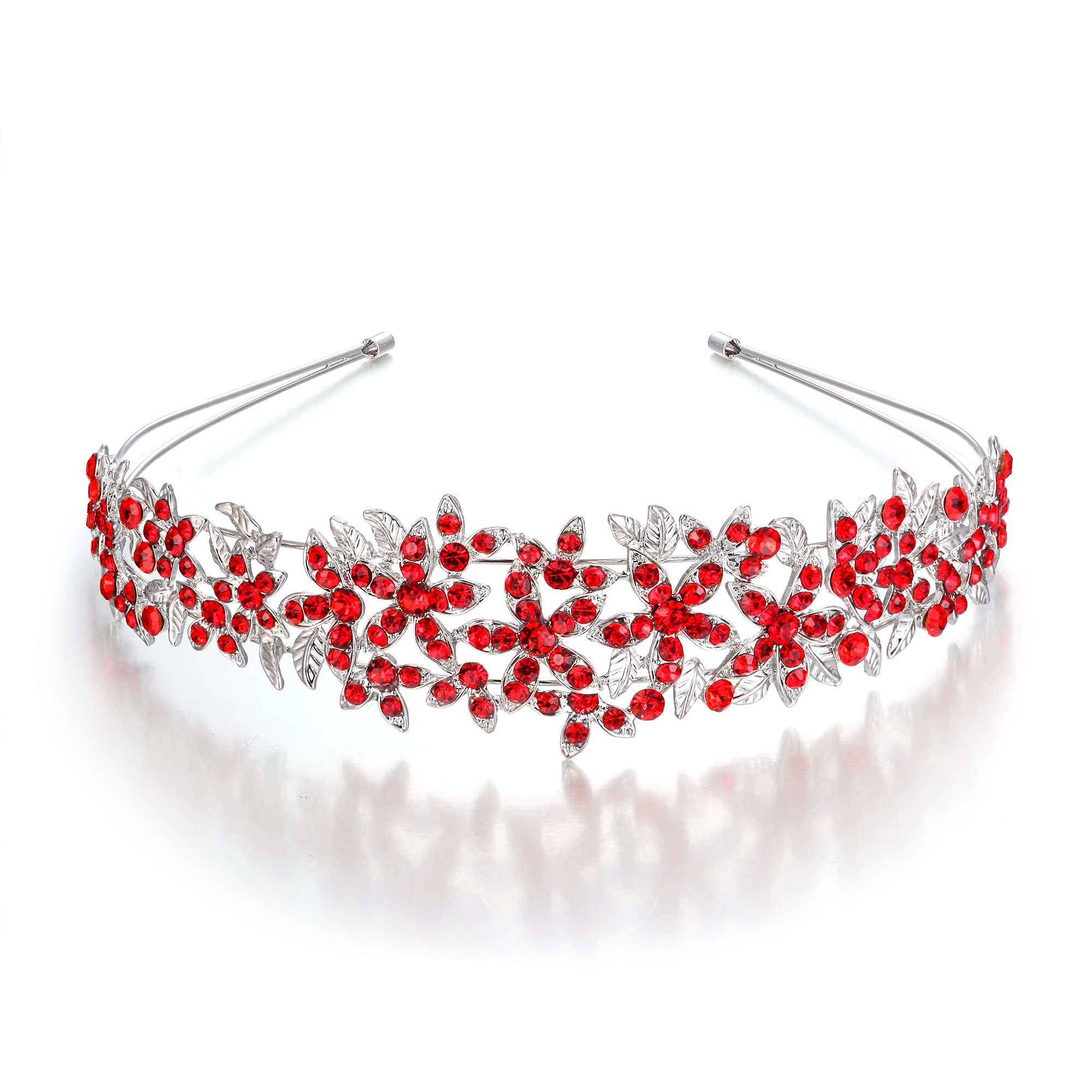 EVER FAITH Tocados de Boda de Cristal Austriaco para el Cabello, Diadema de Novia con Racimo de Flores para Rojo Tono Plateado