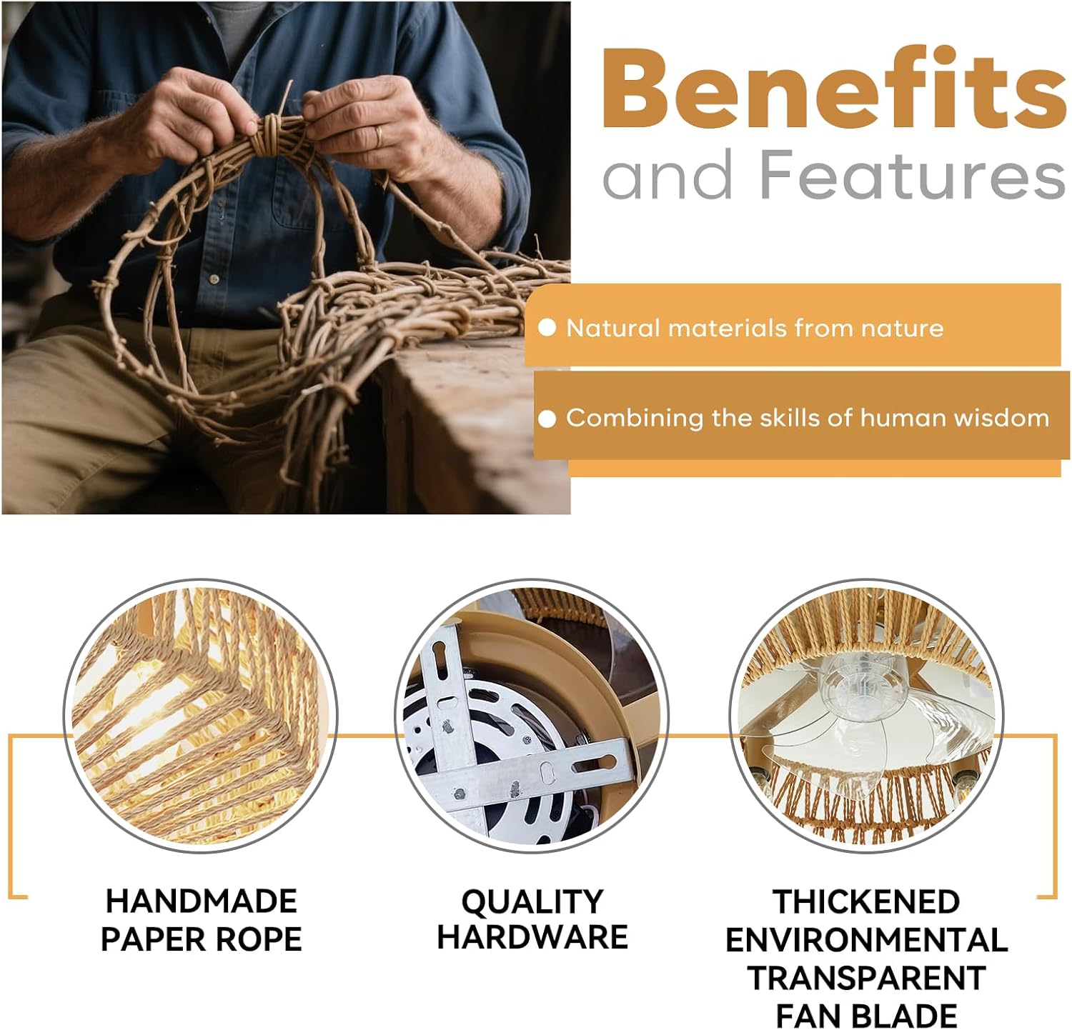 20 Inch Boho Low Profile Ceiling Fan with Soft Yellow Light, Handwoven Rattan & Hemp Design, Remote Control Fandelier - Includes 5+1 LED Bulbs, Flush Mount for Bedroom, Living Room, Patio