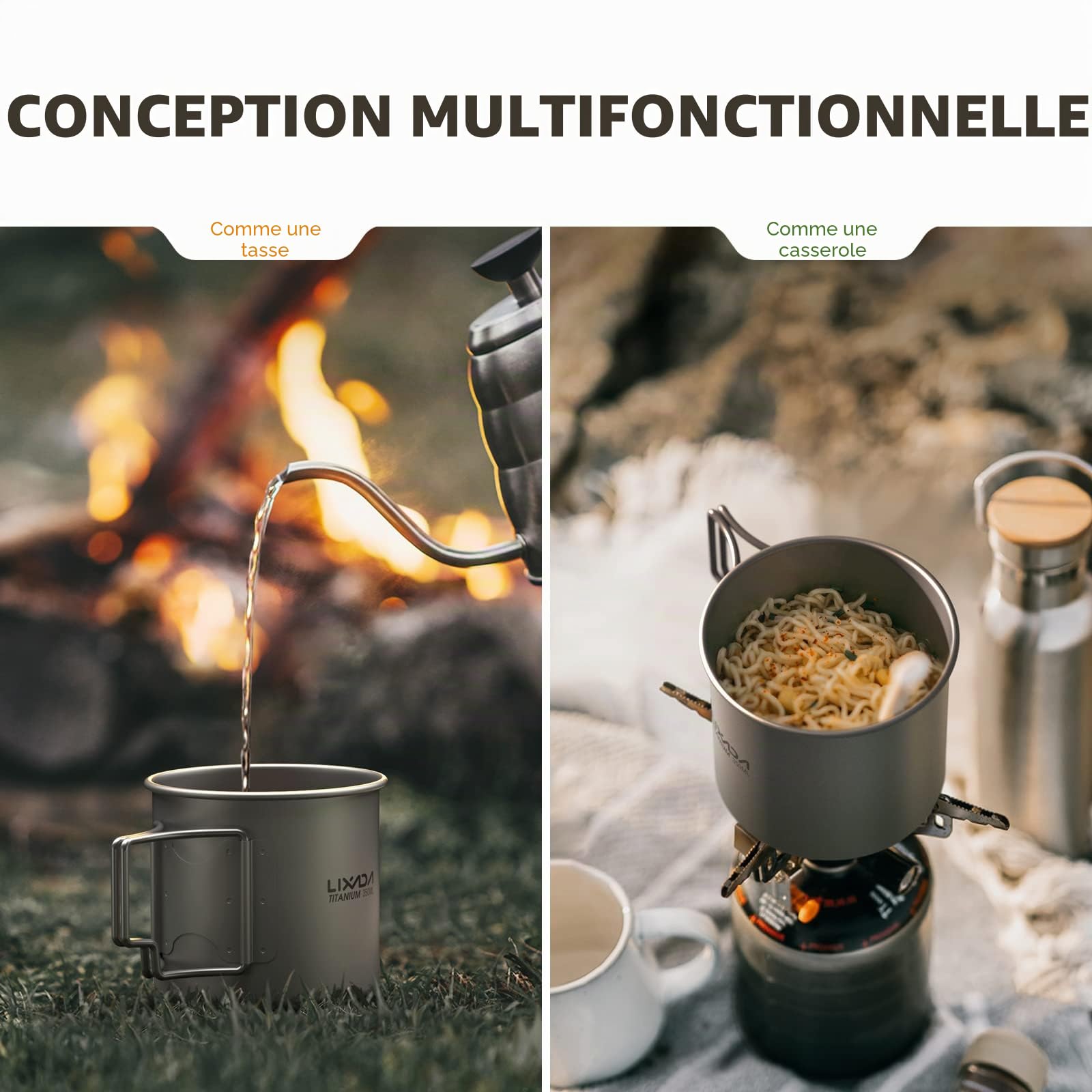 Lixada Pot de camping portable en titane Avec poignée pliante 300 ml, 350 ml, 420 ml, 550 ml, 650 ml, 750 ml, 900 ml, 1600 ml, ., Volume : 350 ml