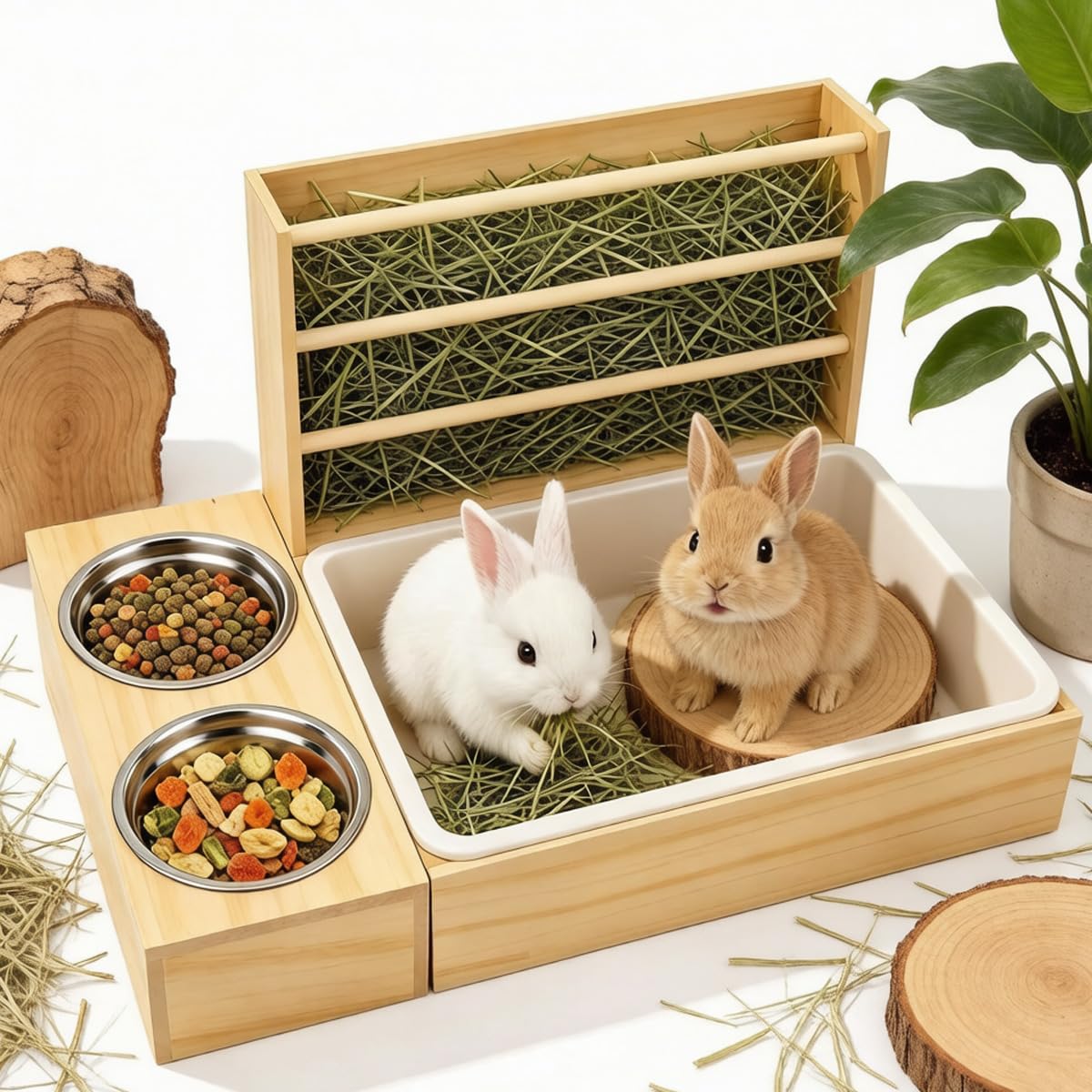 Rabbit Hay Feeder, 3 in 1 Wooden Hay Holder Large Bunny Feeder for Hanmster