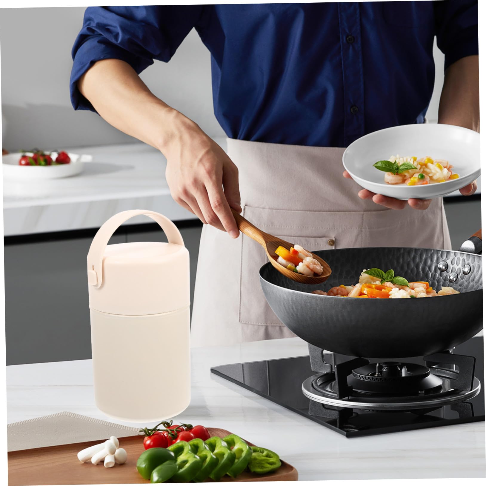 Tarro Aire Calor de al Actividades el Libre Mantiene Comida Térmico Acero Inoxidable 850ml Beige con Cuchara Asa, Fácil de Transportar