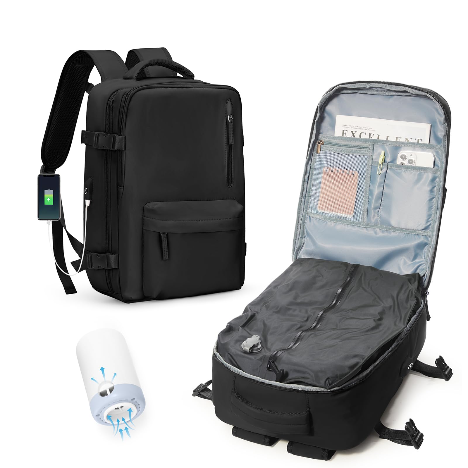 Black Vacuum Seal Compression Travel Backpack with Pump for Women Men Air Vacpack laptop Backpacks with Shoe Compartment Vacuum Seal Packing Carry on