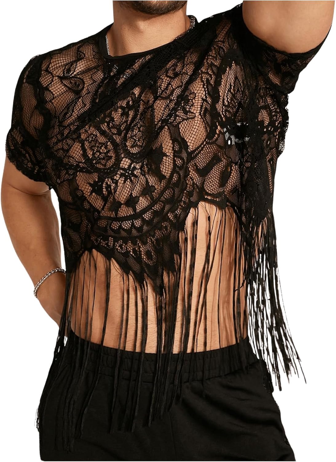 SHENHE Men's Sheer Floral Lace Fringe Short Sleeve Crewneck Cropped Tee Party Shirt Top - Image 4