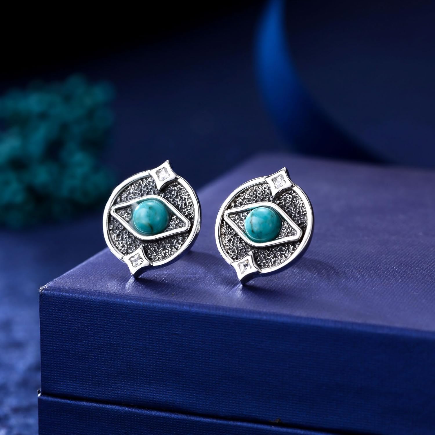 Natural Evil Eye Stud Earrings - Sterling Silver Genuine Turquoise - Women's Jewelry Gifts - Image 3
