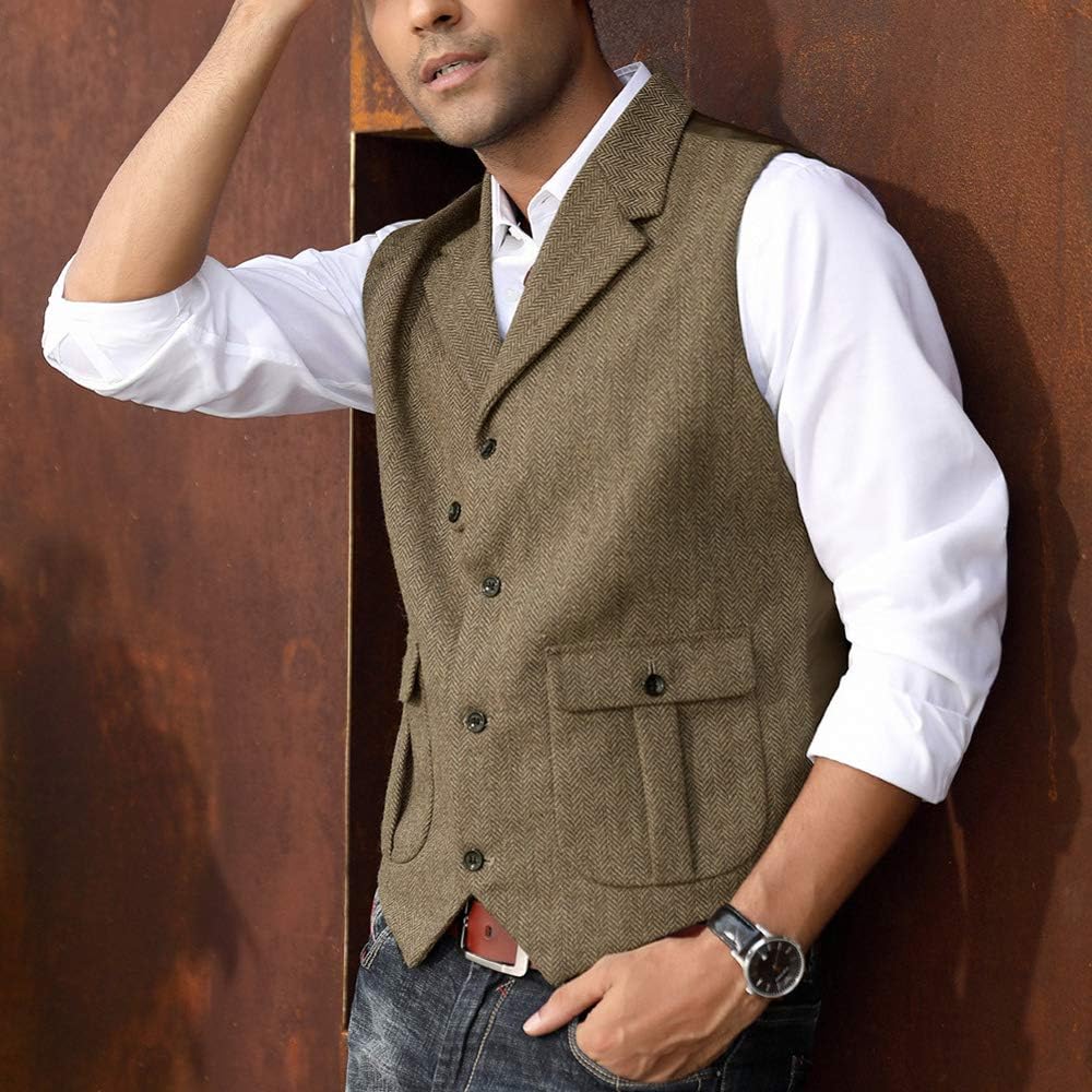 PJ PAUL JONES Mens Western Herringbone Suit Vest Tweed Wool Blend Slim Fit Waistcoat