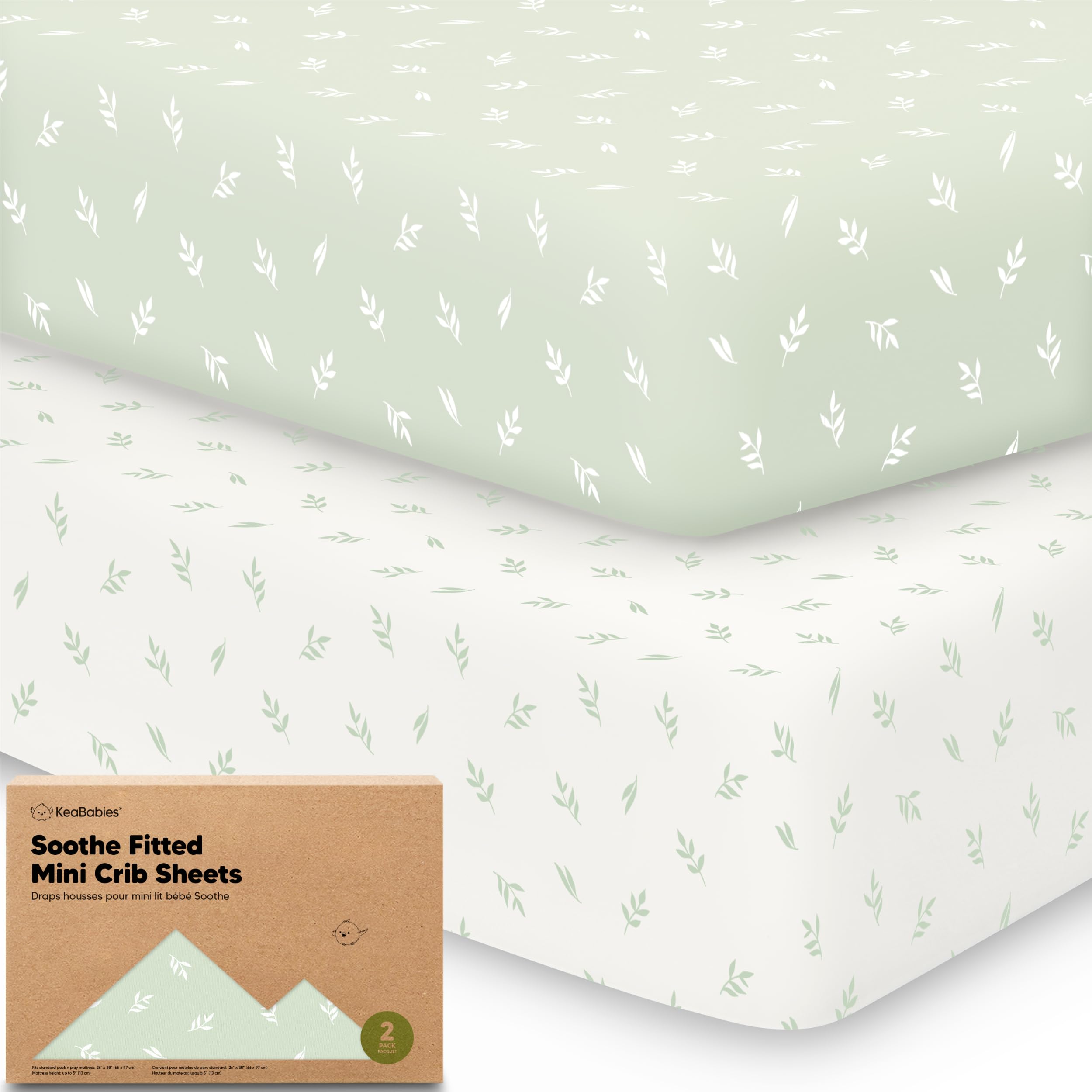 2-Pack Mini Crib Sheets Fitted, 38x26 Pack N Play Mattress Sheets (Herb)