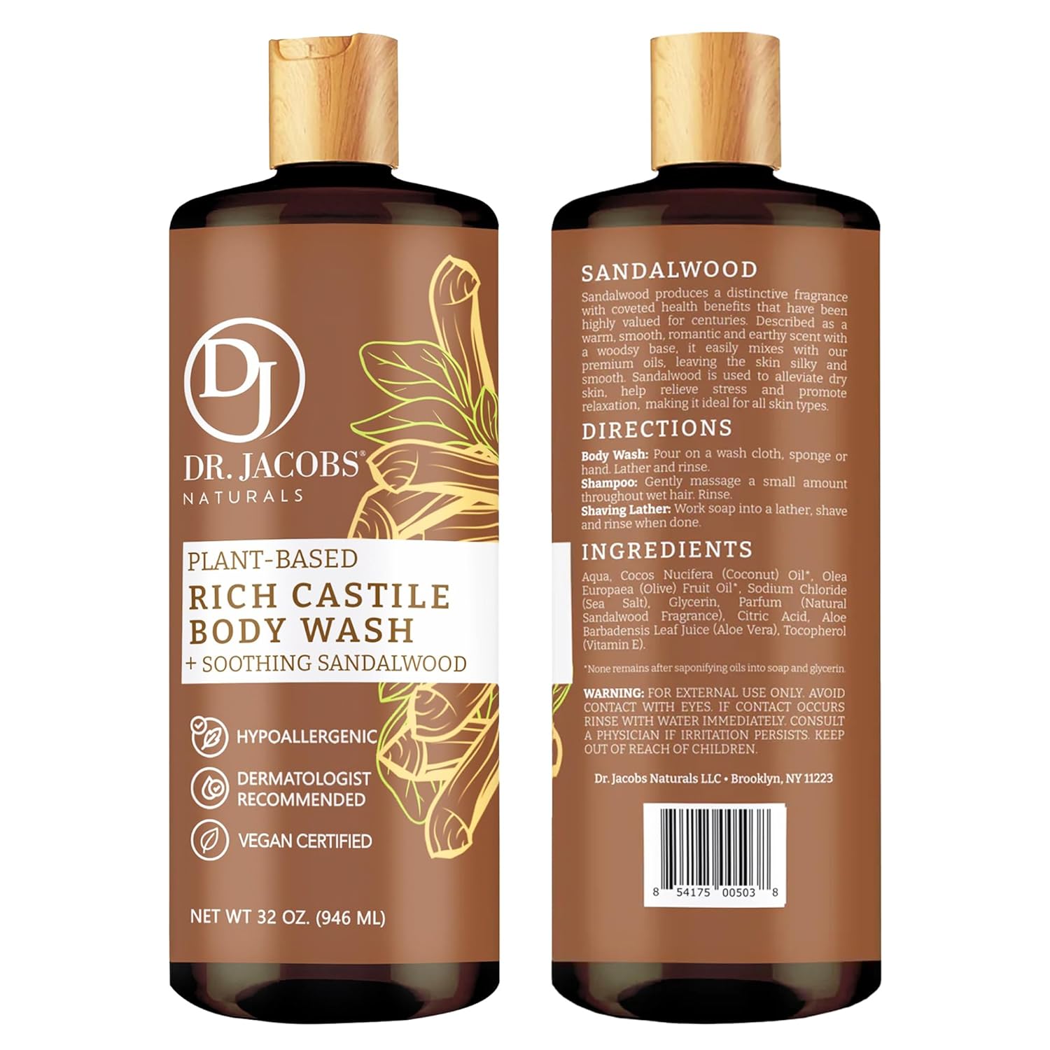 Dr. Jacobs Naturals Pure Castile Soap Liquid Body Wash, Sandalwood - Plant Based Soap Infused with Vitamin E and Aloe Vera to Moisturize Dry and Sensitive Skin - Made in the USA - 32 oz, Pack of 2