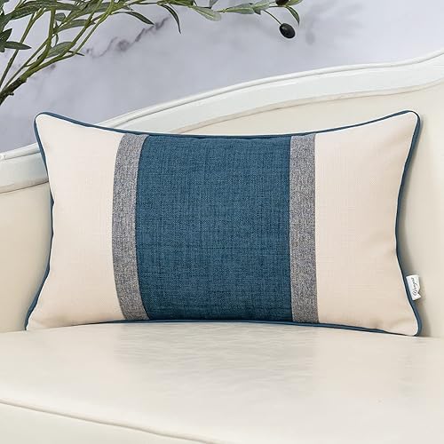 Yangest Funda de almohada lumbar de lino con retazos azules, funda de cojín rectangular neutral para sofá, dormitorio, sala de estar, decoración del
