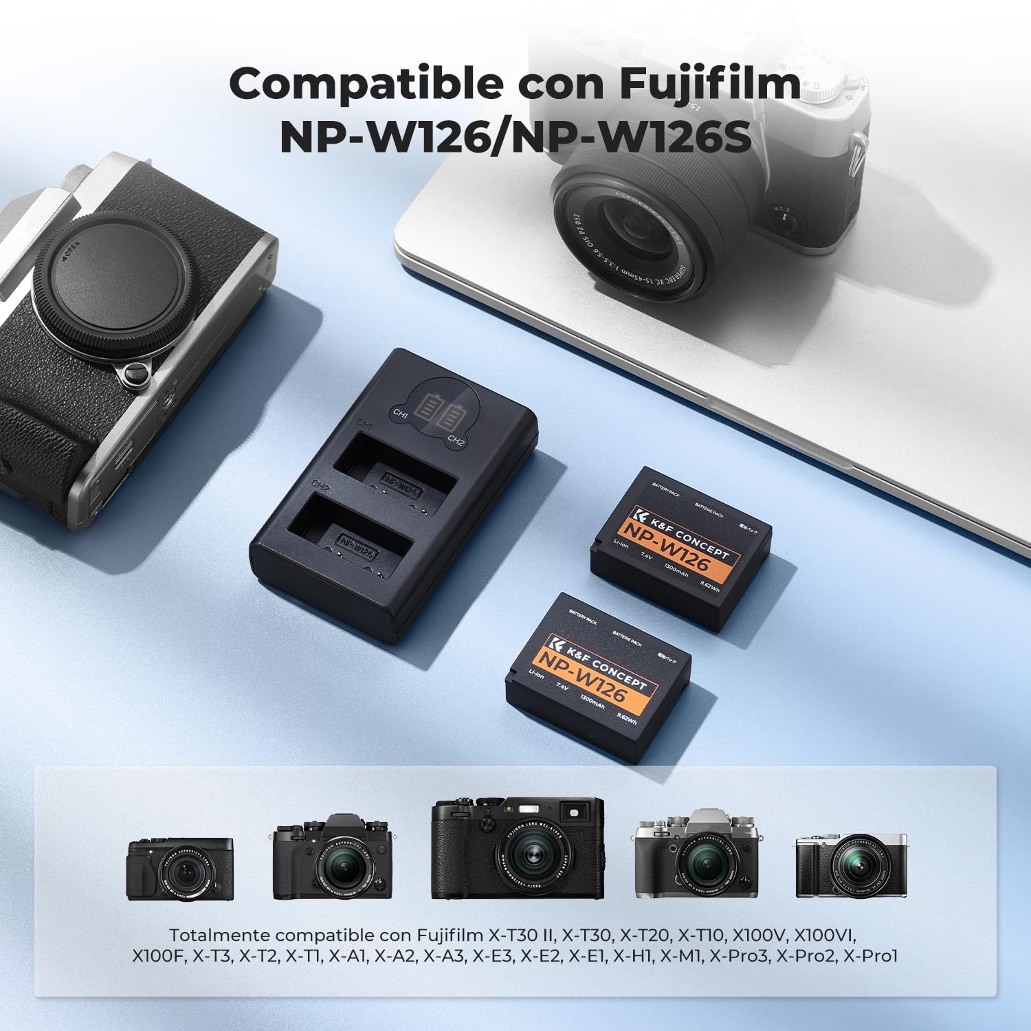 K&F CONCEPT NP-W126 NP-W126S Batería 2x1300mAh Compatibile con Fujifilm XM5/X100VI/X100V/XS10/XT30/XT30 II/XT20/XE4/A5, Cargador Rápido de Doble Ranura con Entradas Type-C y Micro-USB