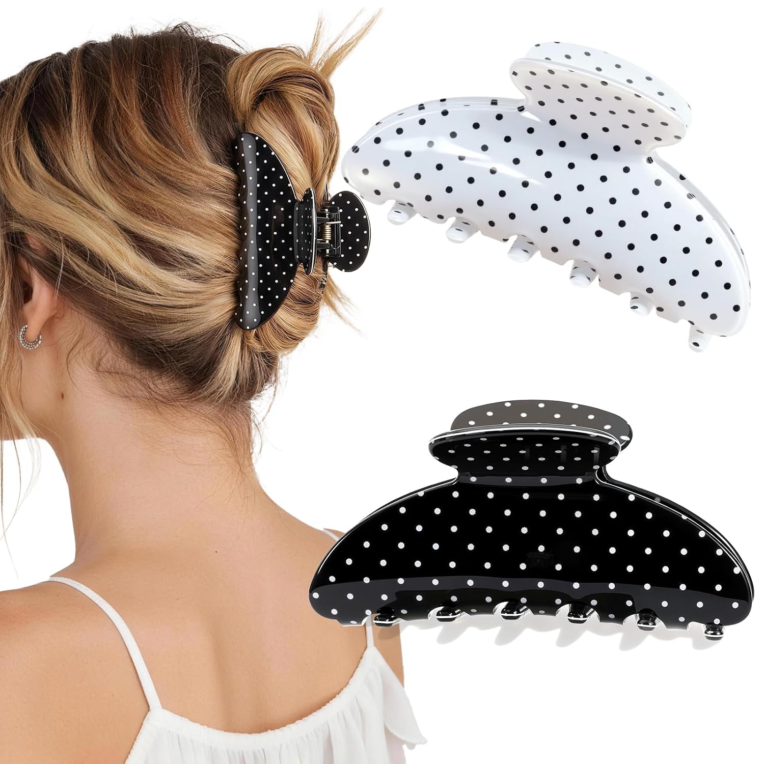 2 Pack Medium Hair Clips for Women, Strong Hold Recycled Plastic Claw Clips for Thick Hair Polka Dot | Great for Updo Half Up Hairstyle | Ideal Gifts for Women - Black and White Holiday Gift