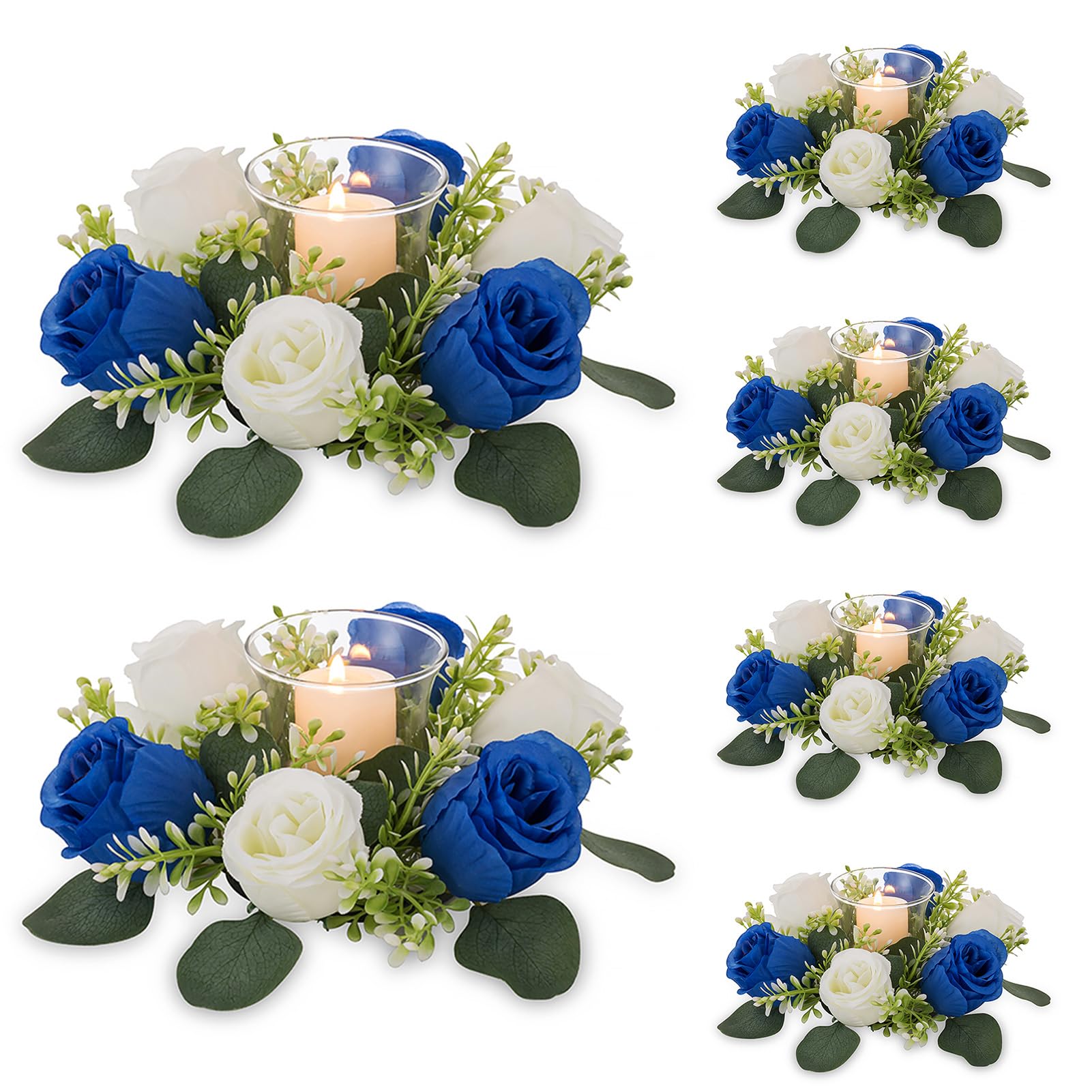 NUPTIO Tea Lights Candle Holder: 6 Pcs Clear Glass Votive Pillar Candle Holders with 8.66 inch Artificial Floral Wreaths Royal Blue & White Flower Candles Rings for Wedding Christmas Kitchen Decor